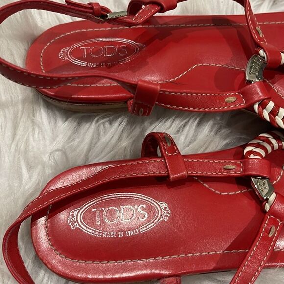 Tod’s Red Leather Sandals Sz 9 1/2 - Picture 11 of 13